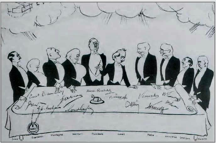 Dönemin karikatür sanatçılarından Derso ile Kelin'in, tarihe geçen çizgileriyle Lozan Antlaşması tasviri