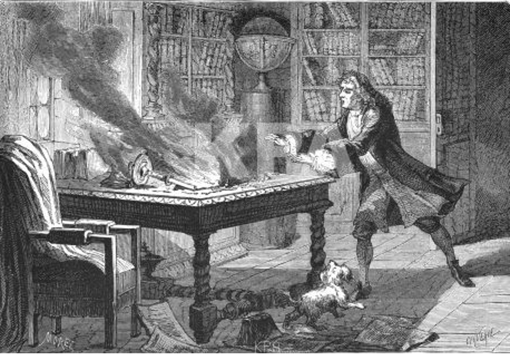 : Newton'un simya laboratuvarında çıkan yangının muhtemel bir tasvirini gösteren bir 1874 gravürü. Hikayede, Newton'un köpeği yangını başlatarak 20 yıllık araştırmayı yakmıştır. Newton'un "Ey Pırlanta, Pırlanta, yaptığın fesadı pek bilmezsin" dediği sanılmaktadır. Kaynak: Wikipedia. 