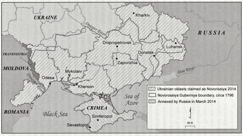 2014'de kısa bir dönem Rusya'nın talep ettiği Novorossiya haritası...1796'da Osmanlı-Rus savaşı sonrası  Novorossiya Guverniyası sınırlarıyla hemen hemen aynı. Haritada ikisi de var.  [kaynak : Gerard Toal, Near Abroad, Oxford U.P. 2017, s. 200]