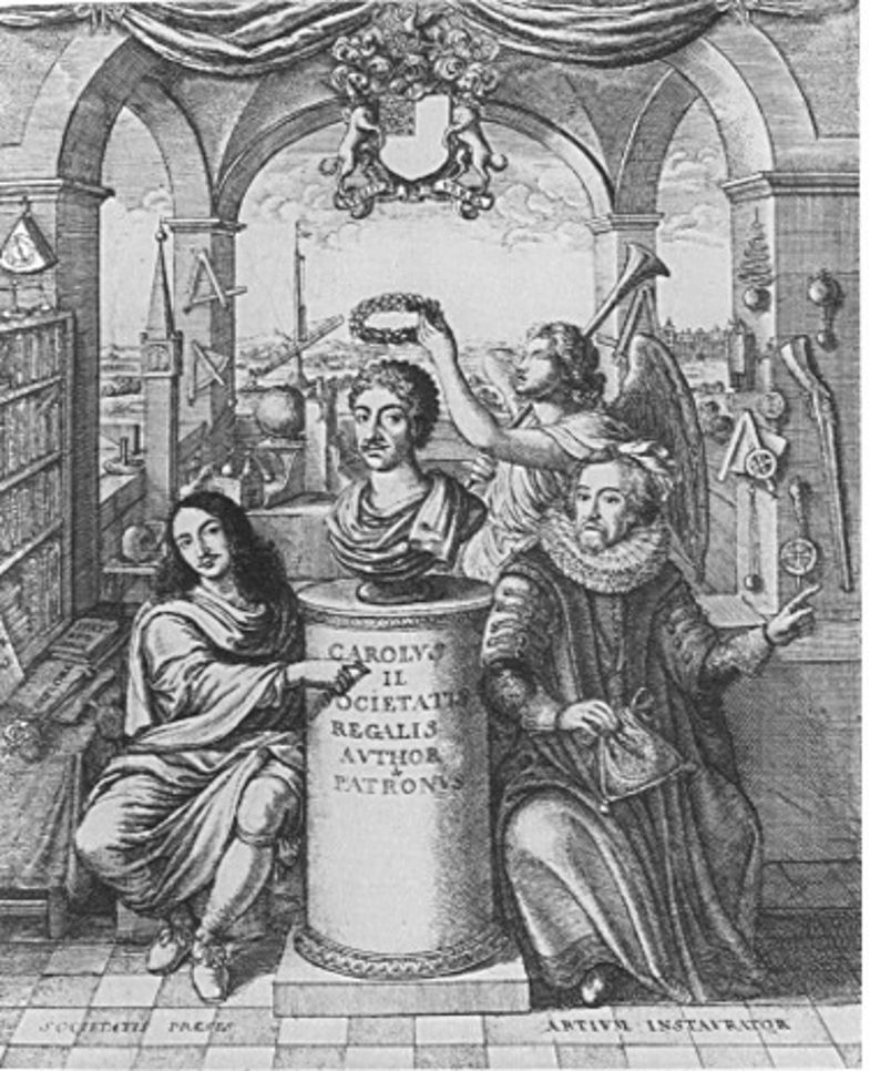 Thomas Sprat’in A History of the Royal Society'nin ön yüzü, Kral II. Charles'ın taç giyme törenini gösteriyor. Sir Francis Bacon sağda gösteriliyor; Dernek başkanı William Brouncker, soldadır. 