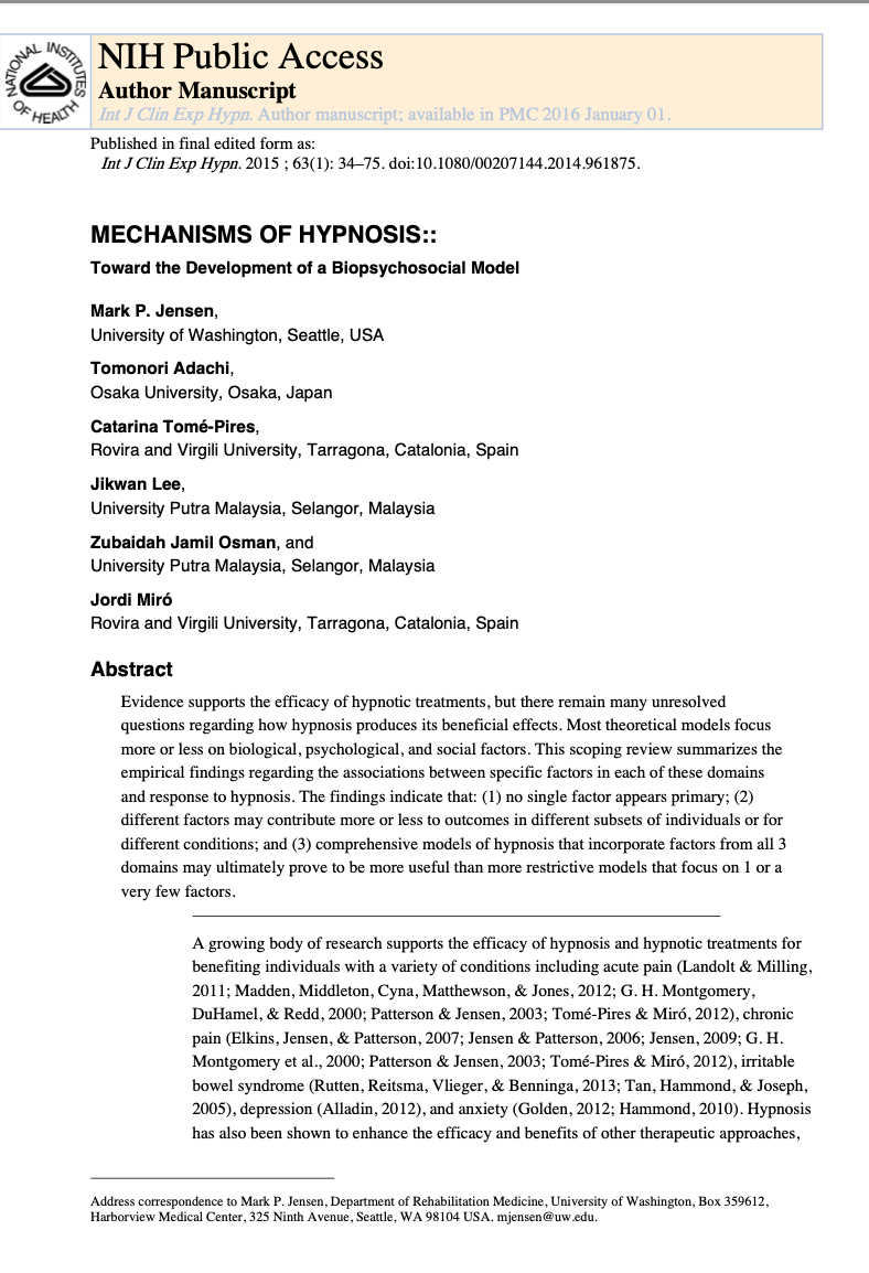 Bahsi geçen "Mechanisms of Hypnosis" makalesinin ilk sayfası