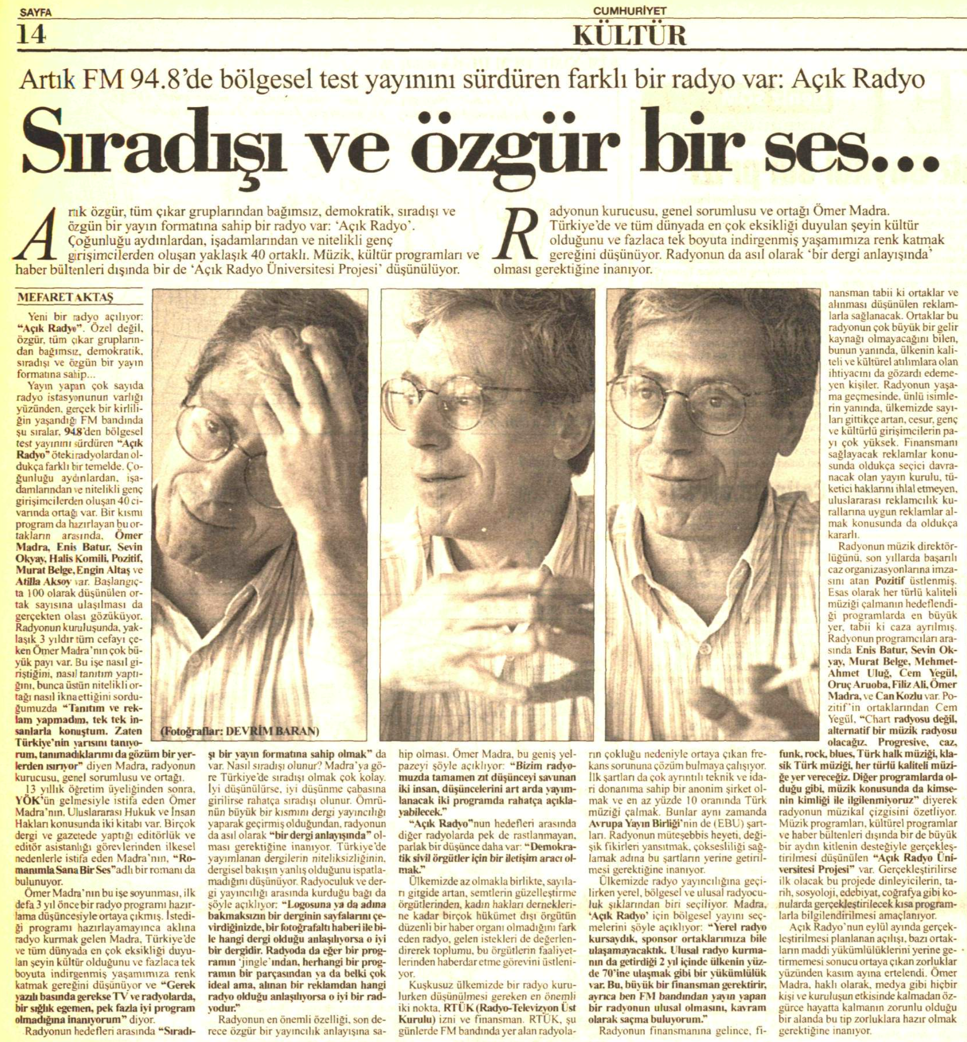 24 Eylül 1995 tarihli Cumhuriyet gazetesi röportajın yer aldığı kupür
