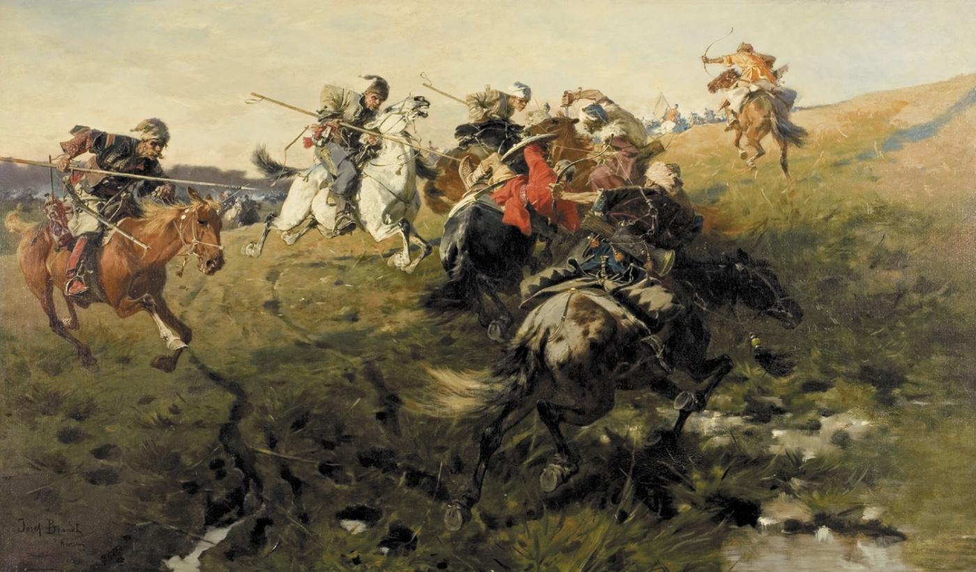 Jozef Brandt (1890) tarafından Kırım Hanlığı'ndan Tatarlarla savaşan Kazakları tasvir eden bir tablo (Wikicommons)