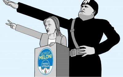 Kürsüde sağ eli faşistlerin sembolüyle ileriyi gösteren Meloni, arkasında aynısını yapan Mussolini (karikatür)