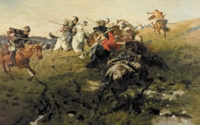 Jozef Brandt (1890) tarafından Kırım Hanlığı'ndan Tatarlarla savaşan Kazakları tasvir eden bir tablo (Wikicommons)