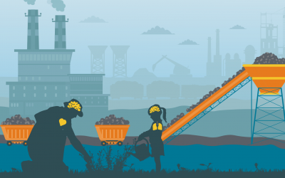 maden önünde çiçek sulayan çocuk ve babası illüstrasyon