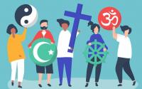 farklı dinlerden insanlar ve dini semboller illüstrasyon