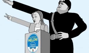 Kürsüde sağ eli faşistlerin sembolüyle ileriyi gösteren Meloni, arkasında aynısını yapan Mussolini (karikatür)